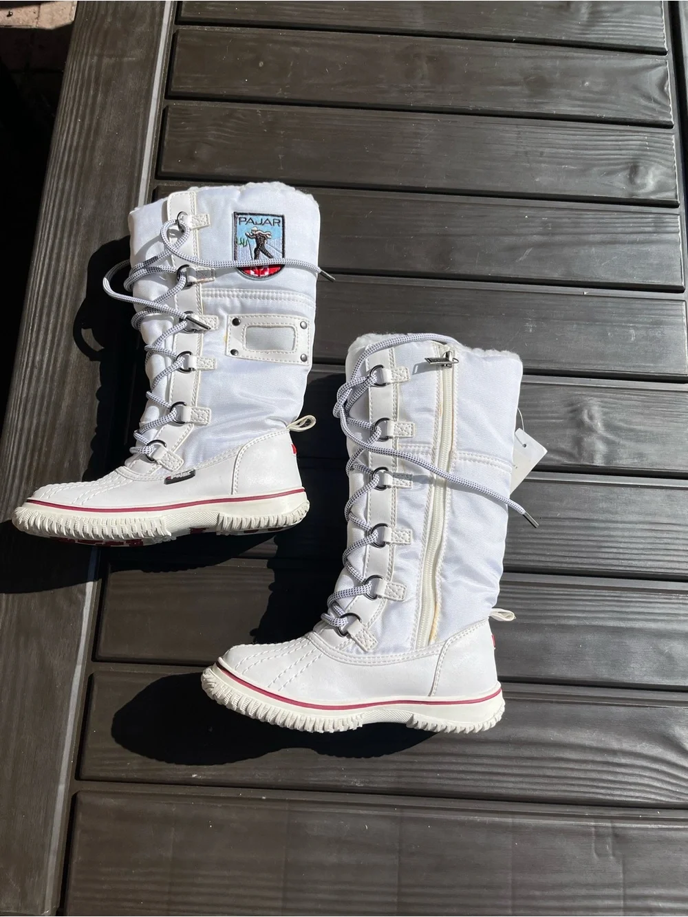 Pajar White Tall Lace-Up Winter Boots with Red Accents unisex big kids sz 13